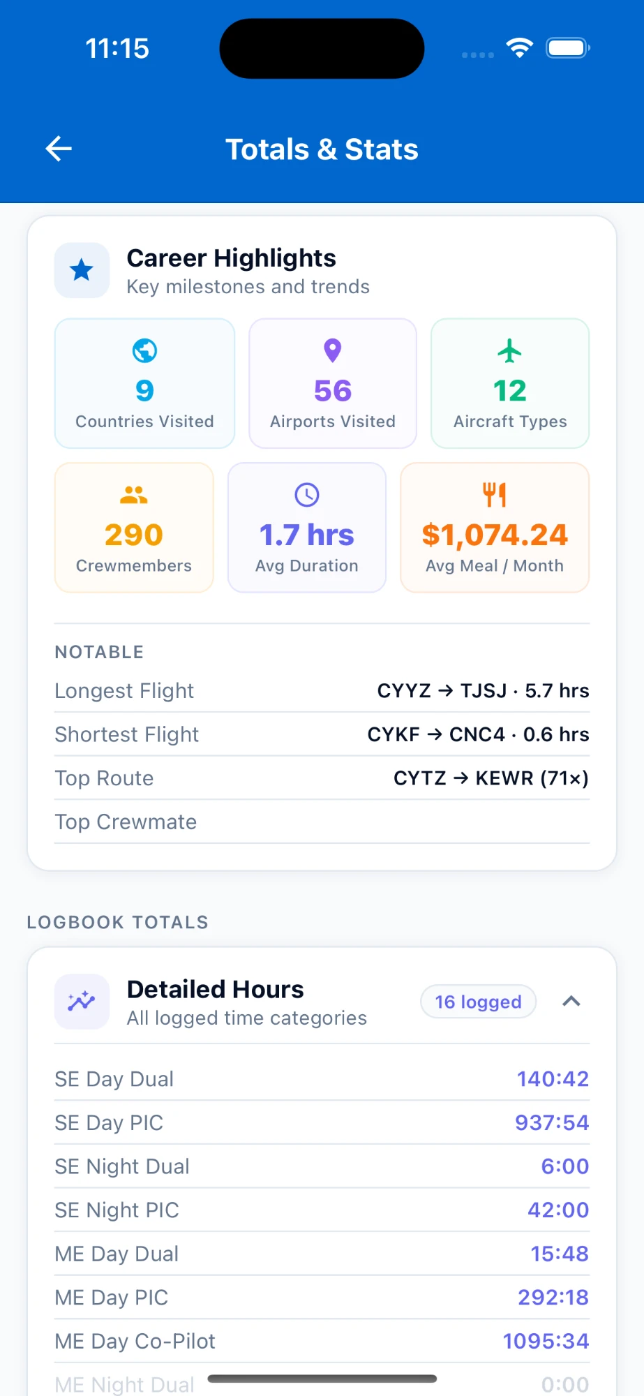 Career highlights screen in Pilot Logbook Pro