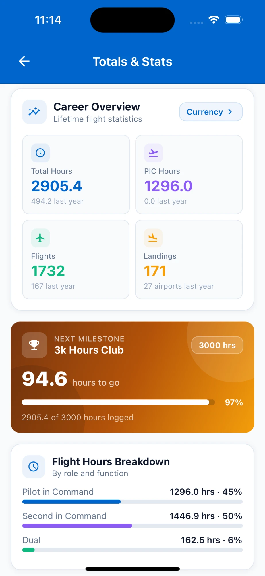 Career overview screen in Pilot Logbook Pro