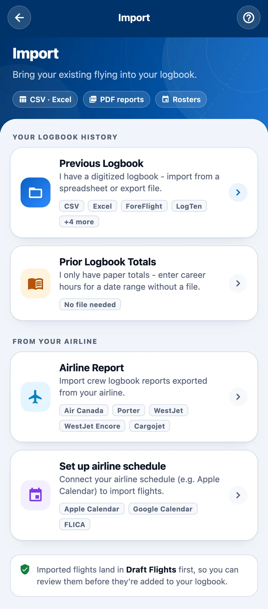 Import screen with options for a previous logbook, prior totals and airline reports