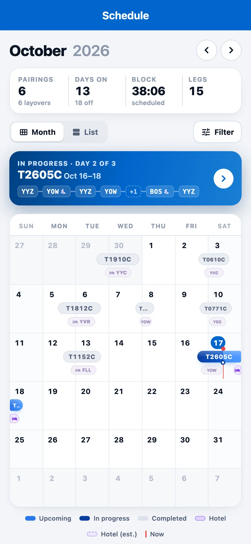 Schedule tab showing an October roster with pairings, layovers and a trip in progress