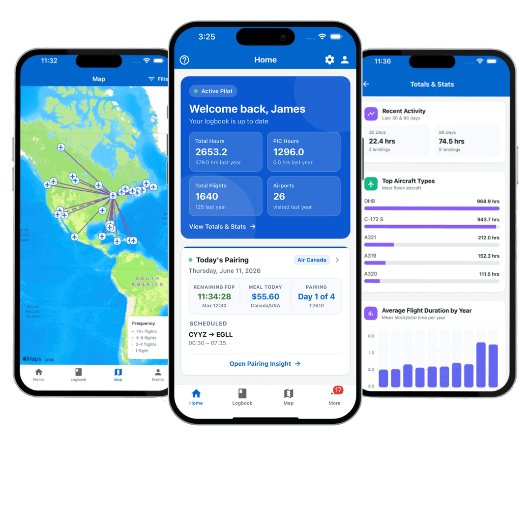 Pilot Logbook Pro app screens – Map, Home, and Totals & Stats